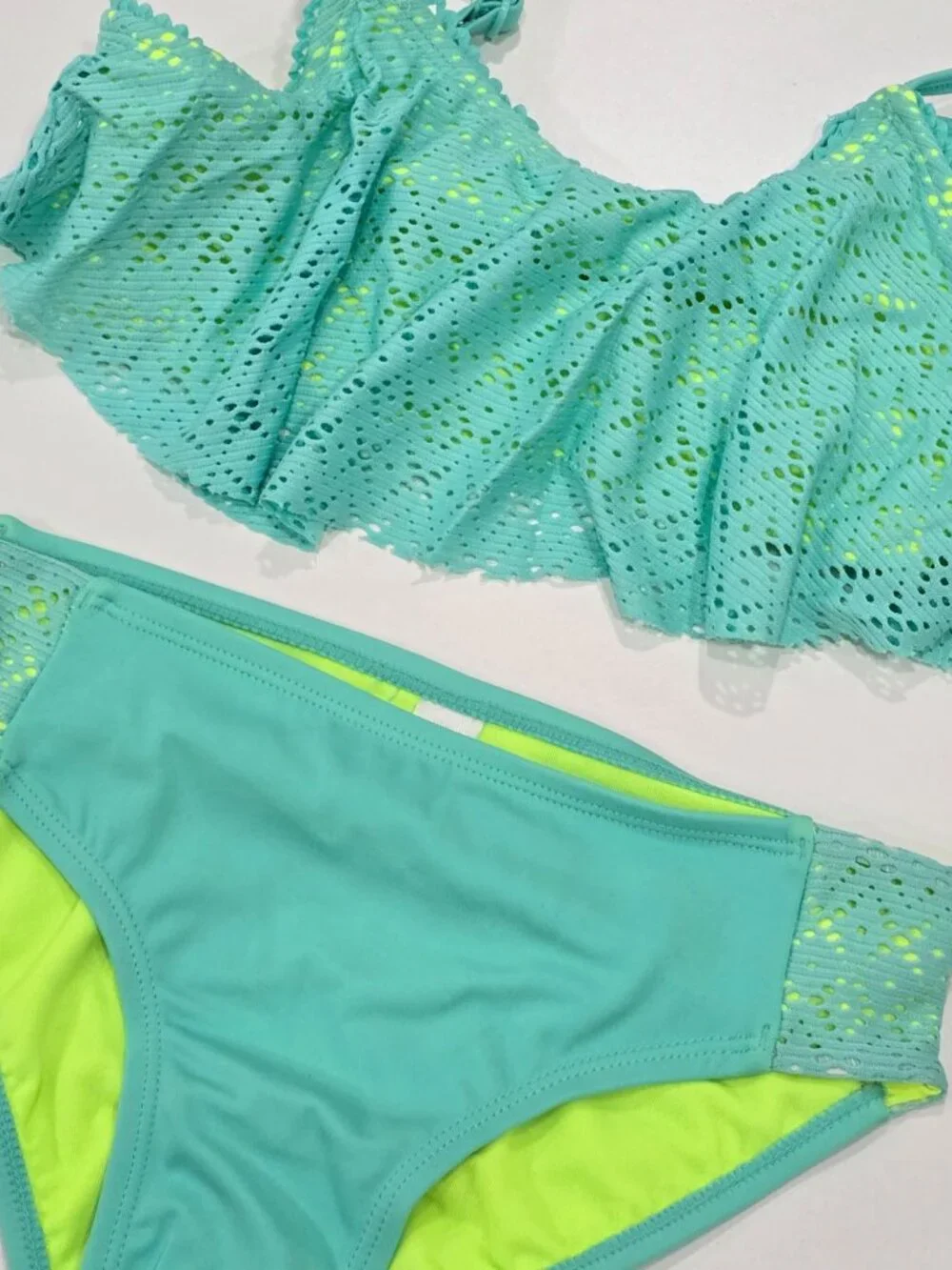 Justice ✦ Girls Two-Piece Swimsuit ✦ Crochet Ruffle Teal Neon Yellow UPF 50+ 10